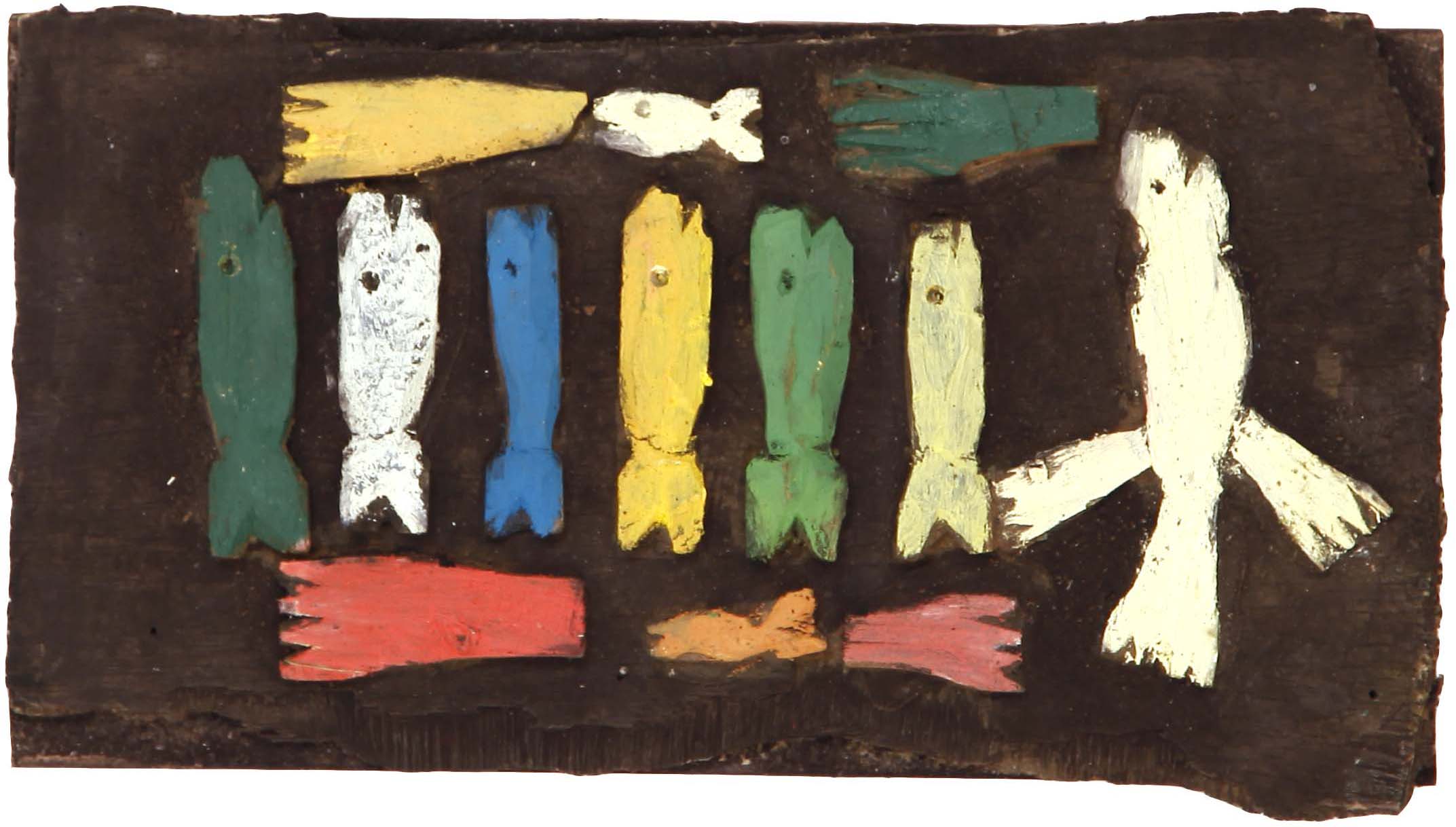 Salut aux eskimo n°18, Assemblage en bois peint sur panneau, 17 × 32 cm, 2010