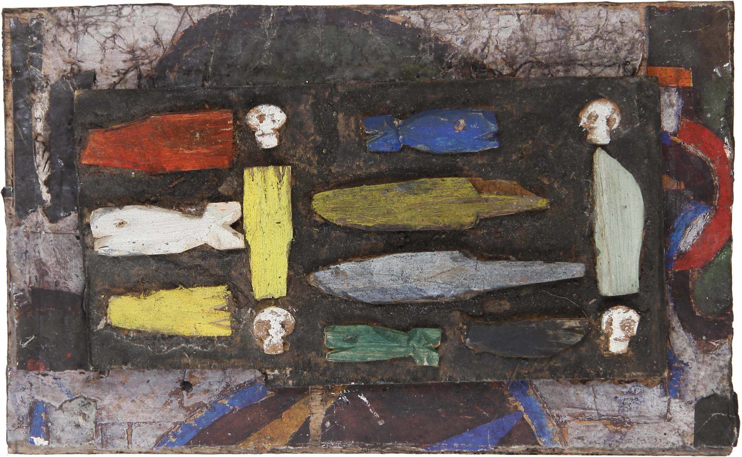 Salut aux eskimo n°2, Assemblage en bois peint sur panneau, 22 × 37 cm, 2010