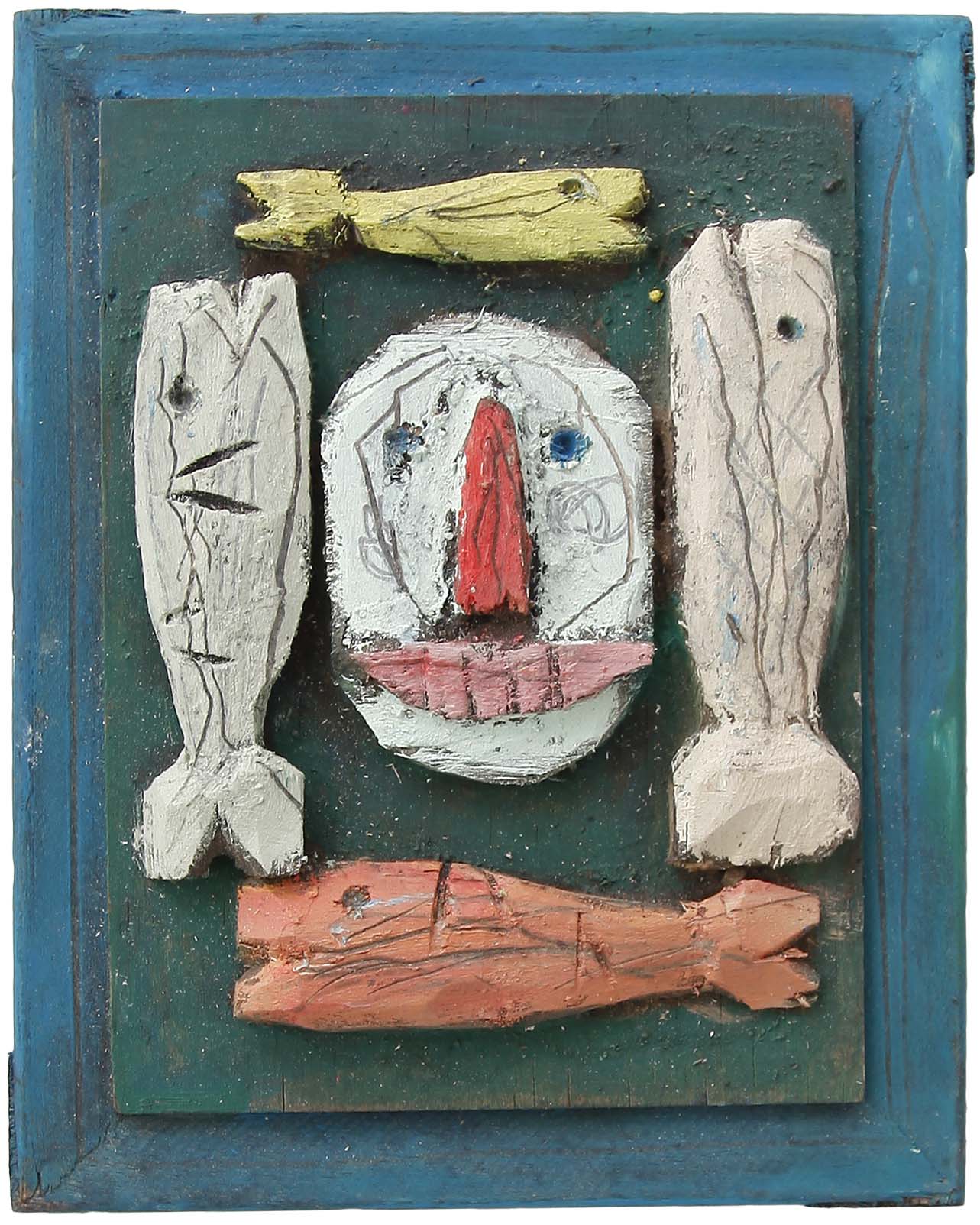 Salut aux eskimo n°1, Assemblage en bois peint sur panneau, 25 × 20 cm, 2010