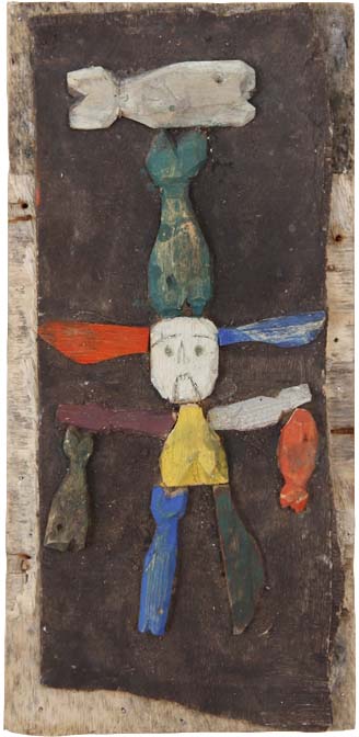 Salut aux eskimo n°4, Assemblage en bois peint sur panneau, 42 × 20 cm, 2010