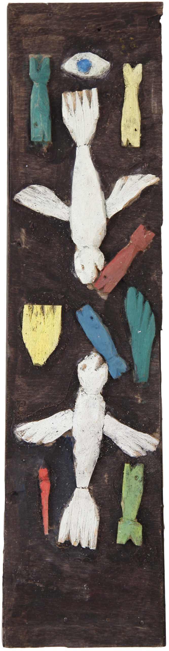 Salut aux eskimo n°16, Assemblage en bois peint sur panneau, 62 × 15 cm, 2010