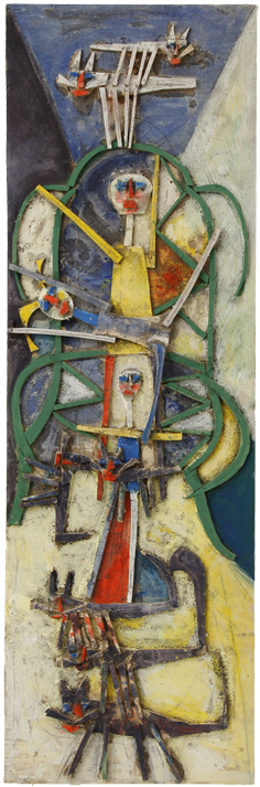 Personnage dans un fauteuil n°1, Assemblage en bois peint sur panneau, 184 × 61 cm, 2010