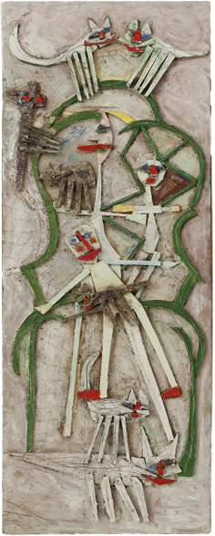 Personnage dans un fauteuil n°2, Assemblage en bois peint sur panneau, 196 × 79 cm, 2010
