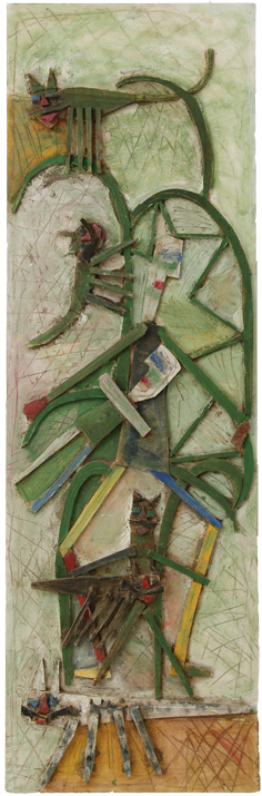 Personnage dans un fauteuil n°3, Assemblage en bois peint sur panneau, 196 × 79 cm, 2010