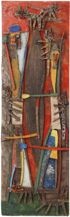 Salut à Man Ray n°1, Assemblage en bois peint sur panneau, 184 × 60 cm, 2010