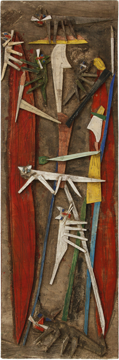 Salut à Man Ray n°7, Assemblage en bois peint sur panneau, 184 × 61 cm, 2010