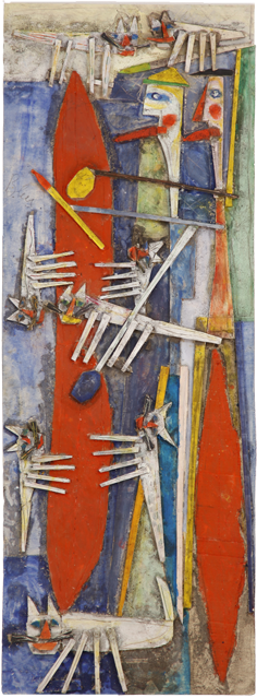 Salut à Man Ray n°4, Assemblage en bois peint sur panneau, 184 × 68 cm, 2010