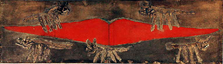 Salut à Man Ray n°5, Assemblage en bois peint sur panneau, 41 × 145 cm, 2010