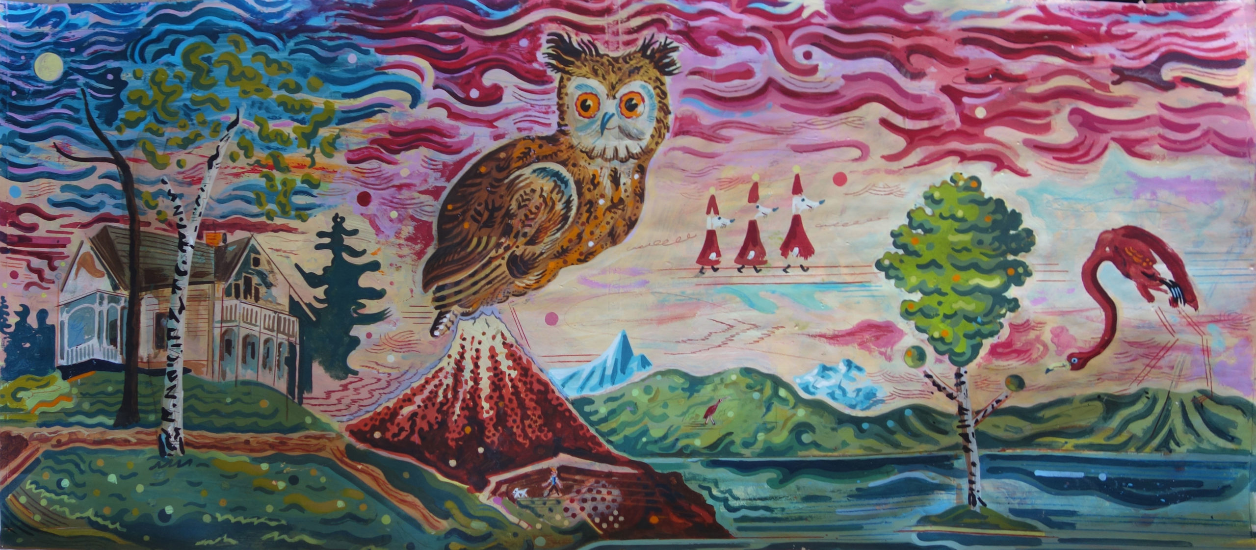 Under the house, Technique mixte sur toile de carte d'école, 67 × 153 cm, 2015