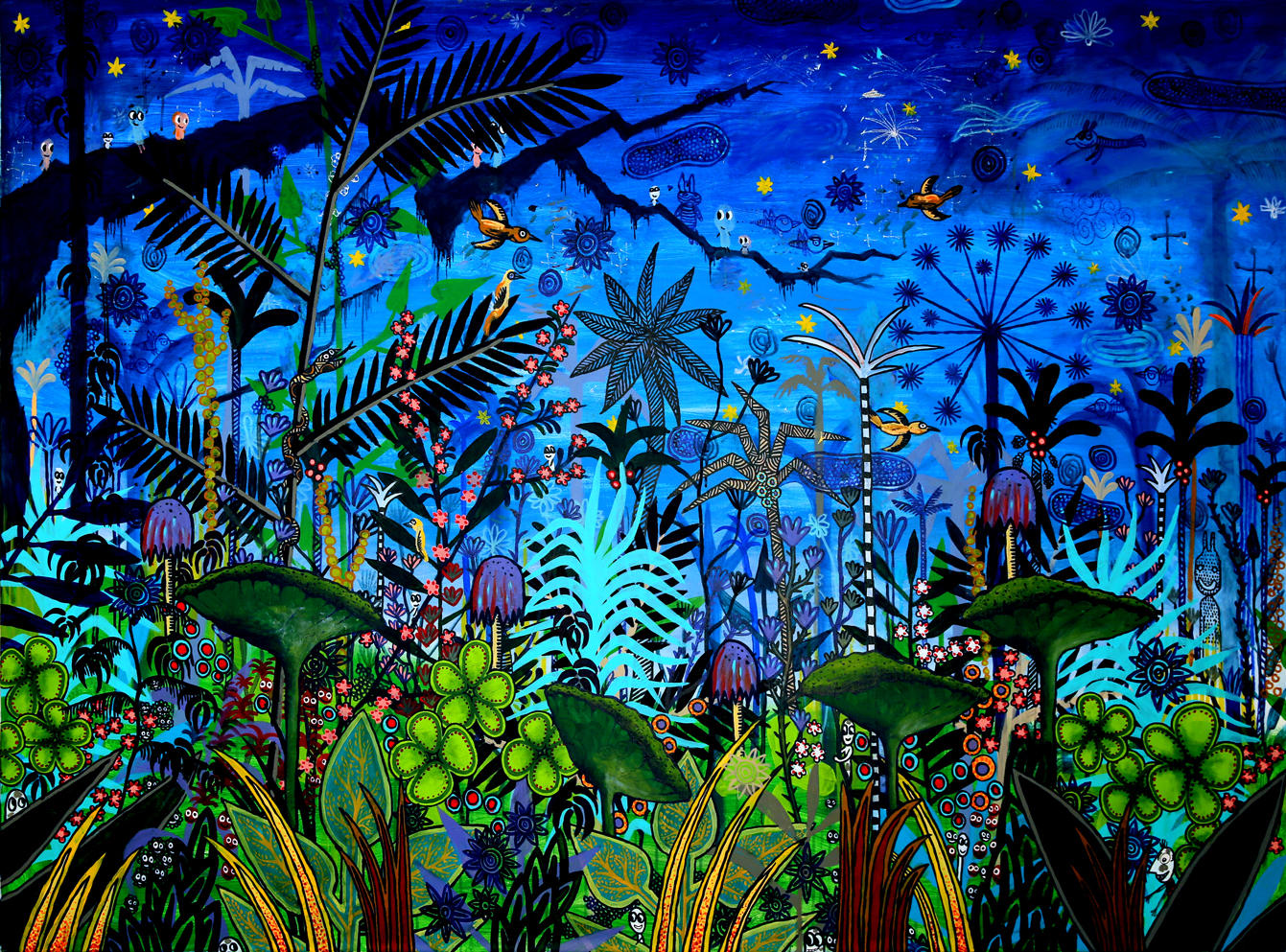 Paradis fantastique en bleu – Partie 1, Technique mixte sur toile, 140 × 380 cm, 2012