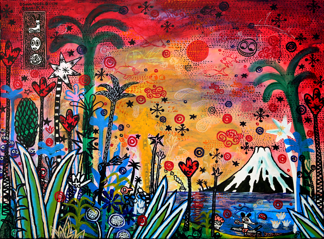 Basti Toons avec Mont Fuji (Hommage à Hokusai), Technique mixte sur toile, 60 × 80 cm, 2010