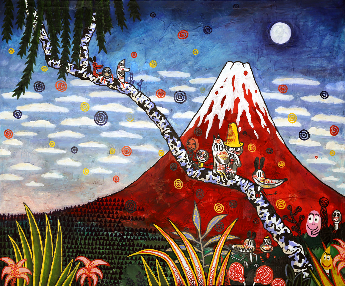Moomins au pied du Mont Fuji (hommage à Hokusai), Technique mixte sur toile, 100 × 120 cm, 2010