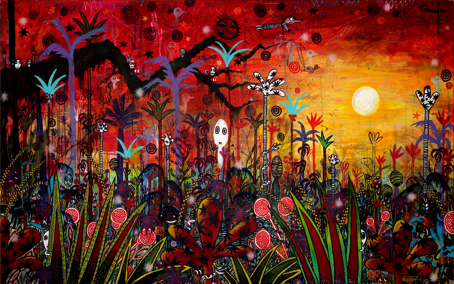 Paradis fantastique en rouge – Partie 1, Technique mixte sur toile, 100 × 320 cm, 2012