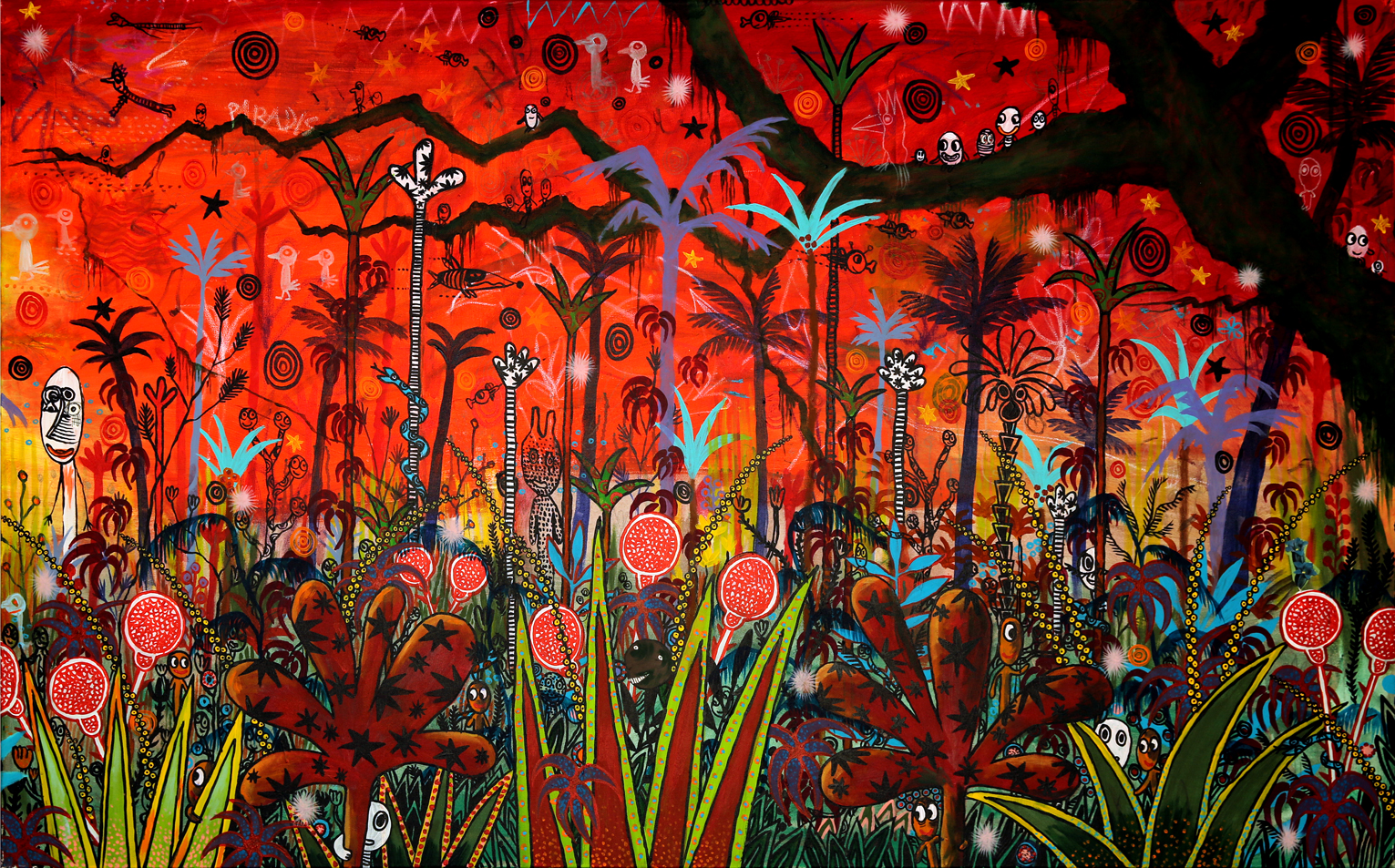 Paradis fantastique en rouge – Partie 2, Technique mixte sur toile, 100 × 320 cm, 2012
