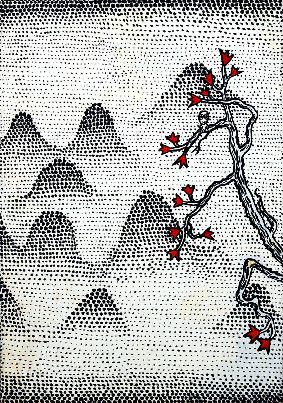 Paysage enchanté avec Pulp, Technique mixte sur toile, 67 × 47 cm, 2010