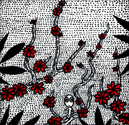 Pulp sur sakura (hommage à Hokusai), Technique mixte sur toile, 30 × 30 cm, 2010