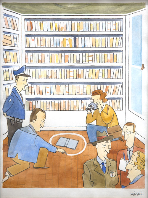 Crime littéraire, Encre de Chine et aquarelle, 30 × 21 cm, 2009
