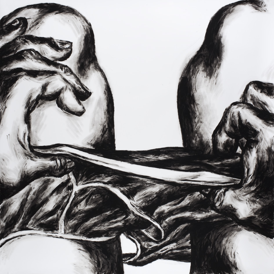 Slip, Peinture au doigt gouache noire sur Canson, 150 × 150 cm, 2010