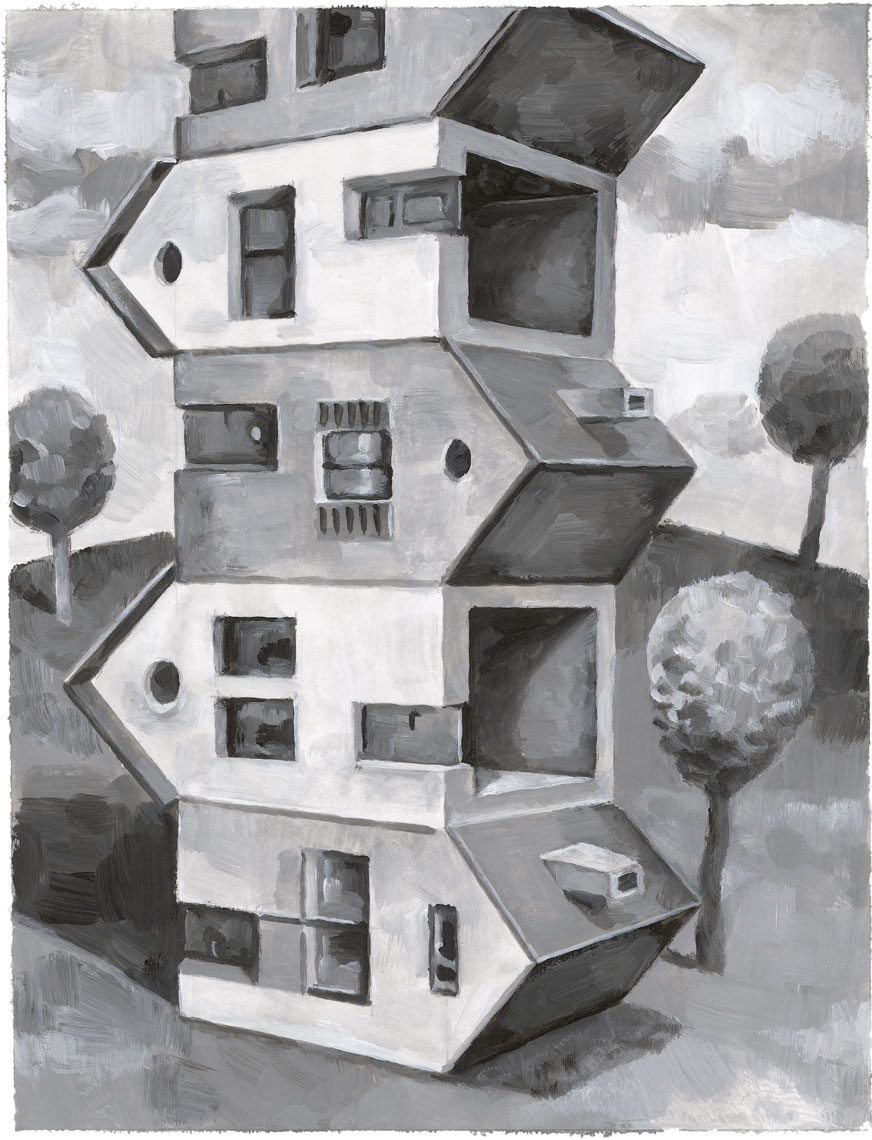 Banlieue rangée, Gouache sur papier Canson, 30 × 21 cm, 2014