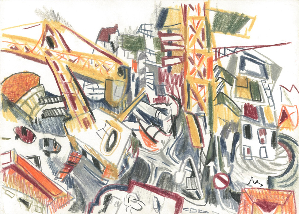En travaux, Crayons couleur sur papier, 15x21cm, 2001