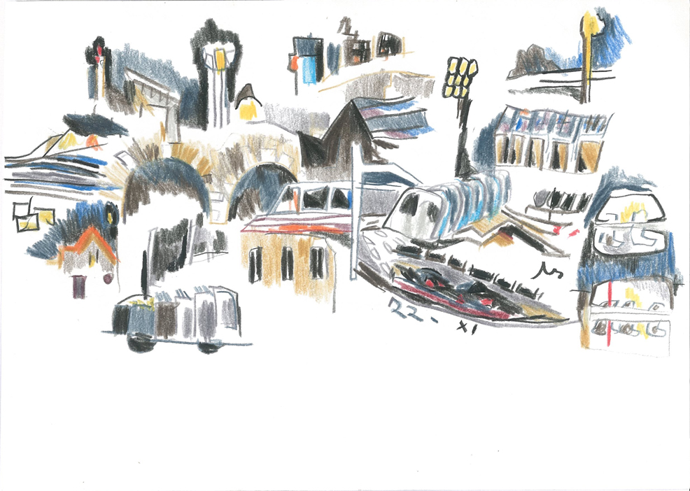 Nuit touffue, Crayons couleur sur papier, 15x21cm, 2001