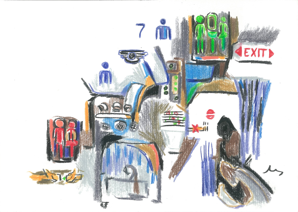 Cabine d’avion Istanbul, Crayons couleur sur papier, 15x21cm, 2000