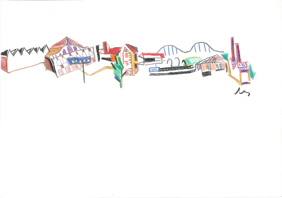 Ligne de transport, Crayons couleur sur papier, 15x21cm, 2001