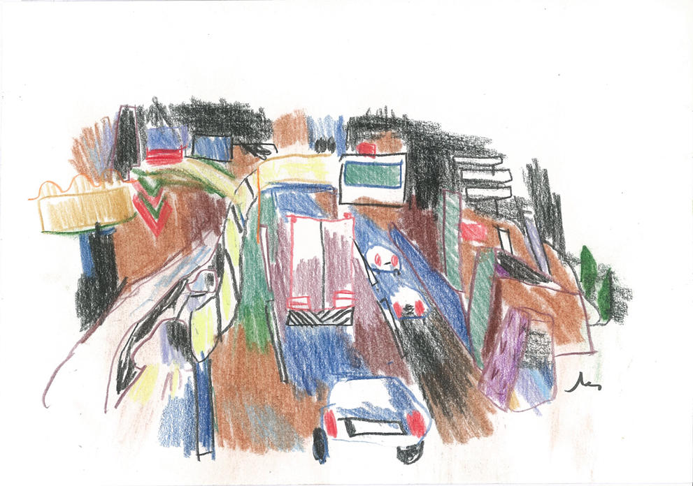 Autoroute, Crayons couleur sur papier, 15x21cm, 2001