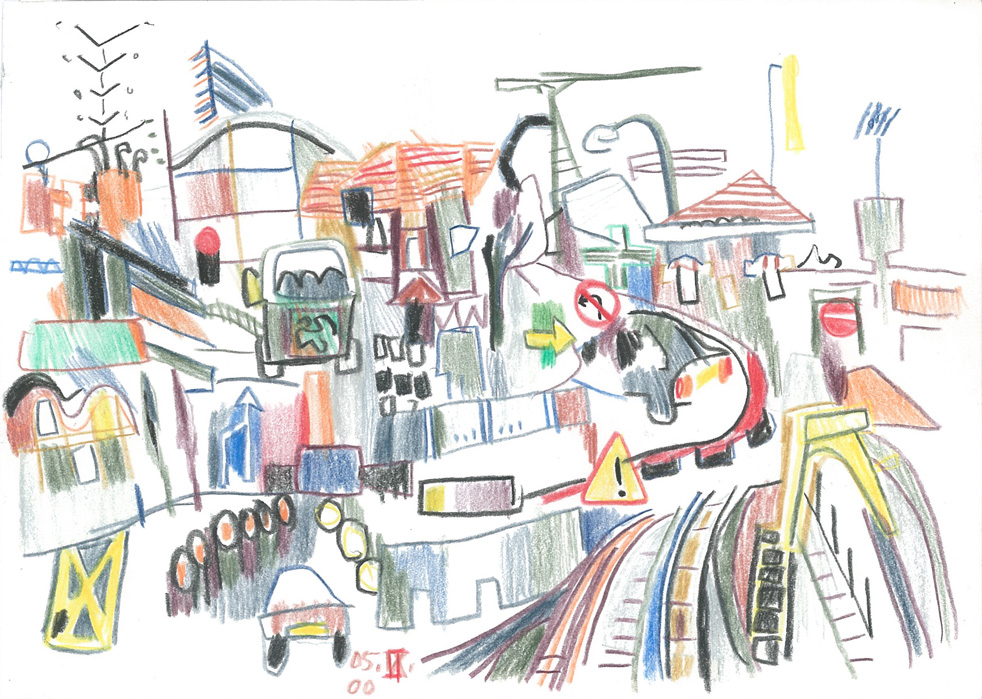 Vers Orly, Crayons couleur sur papier, 15x21cm, 2001