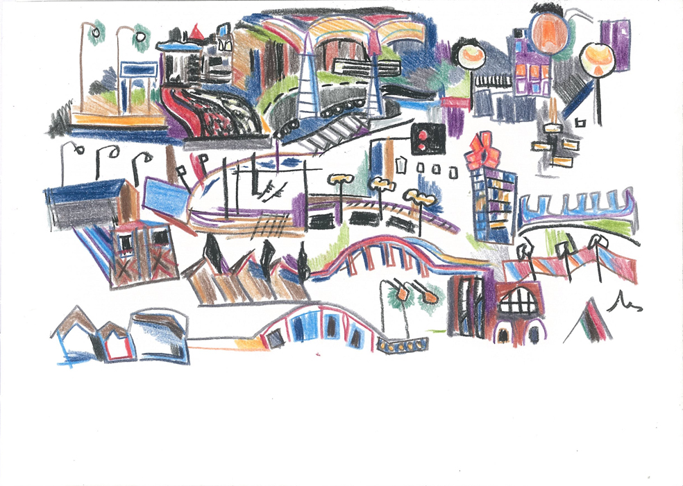 Retour de nuit, Crayons couleur sur papier, 15x21cm, 2001