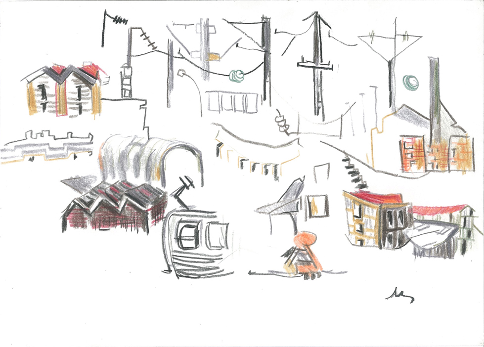 Banlieue grise, Crayons couleur sur papier, 15x21cm, 2001