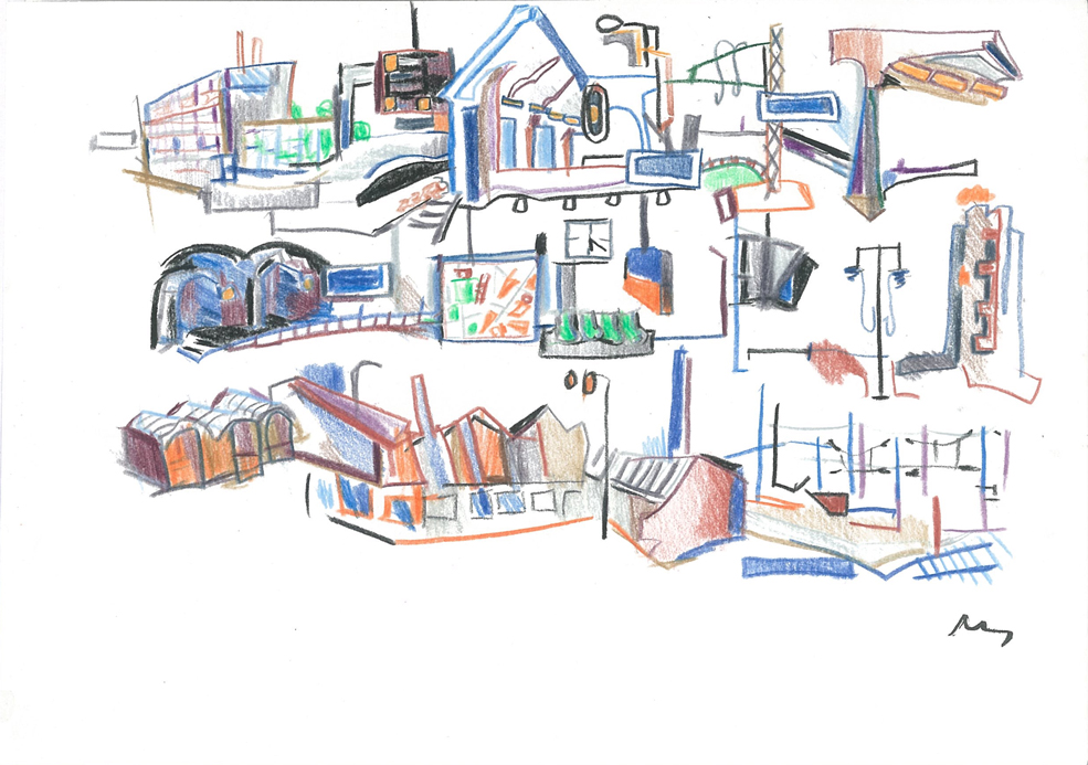 Plans et trajets, Crayons couleur sur papier, 15x21cm, 2001