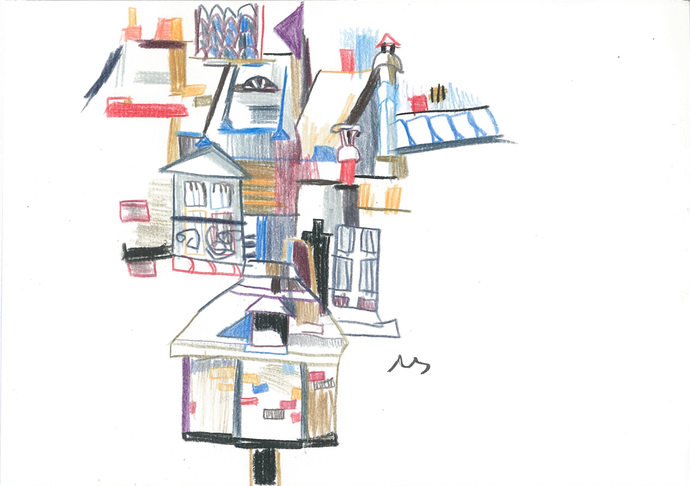 Cour intérieure, Crayons couleur sur papier, 15x21cm, 2001