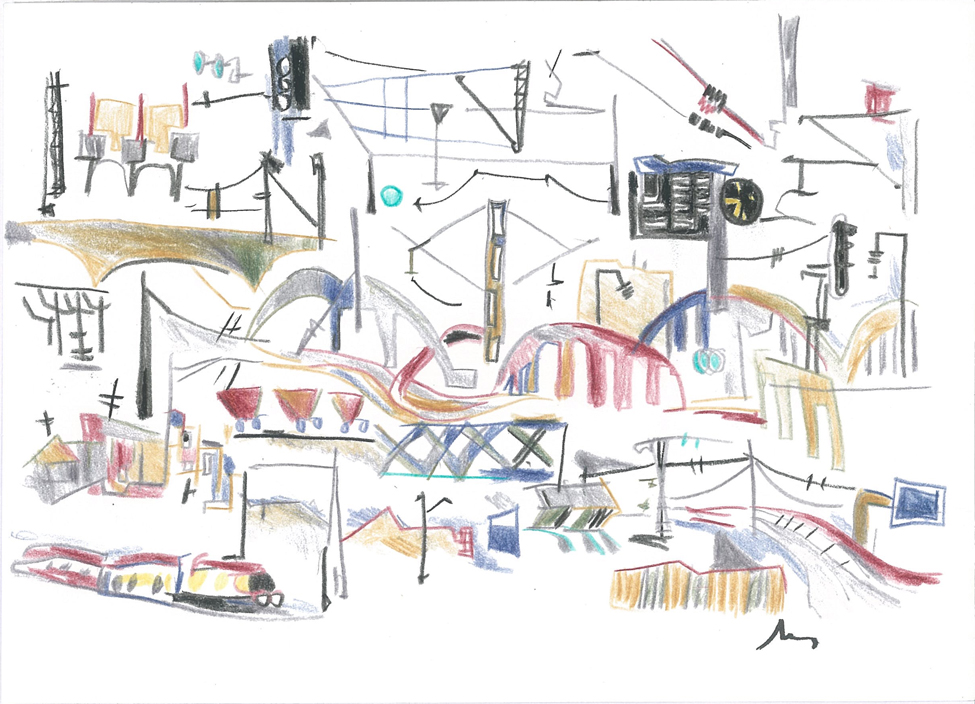 Toujours des gares, Crayons couleur sur papier, 15x21cm, 2001