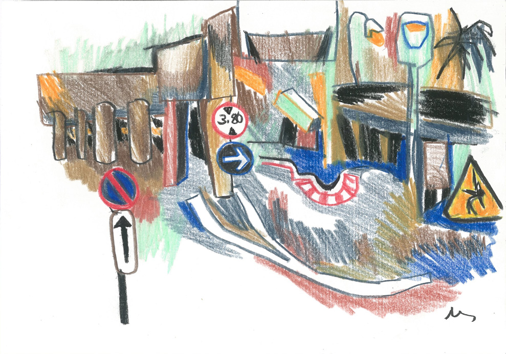 Hauteur limitée à 3m 80, Crayons couleur sur papier, 15x21cm, 2001