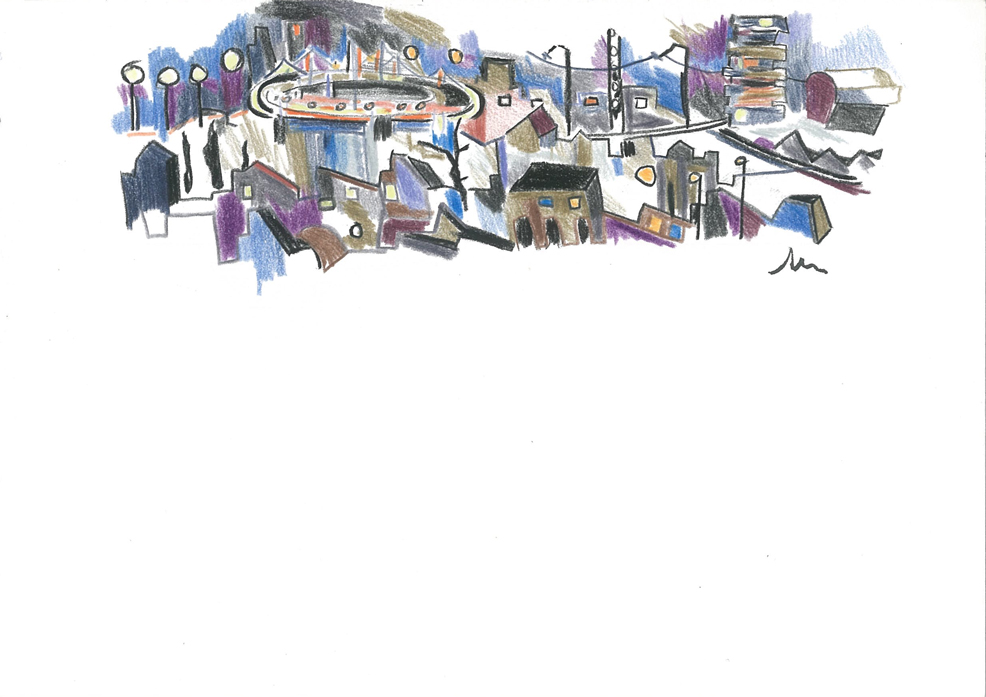Nuit R.E.R, Crayons couleur sur papier, 15x21cm, 2001