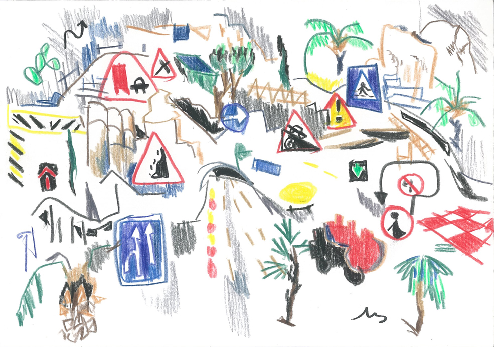 Aéroport de Nice, Crayons couleur sur papier, 15x21cm, 2001