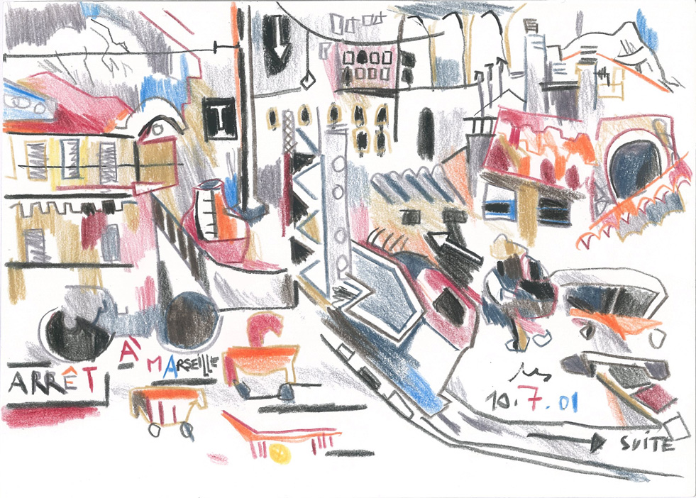 Arrêt à Marseille, Crayons couleur sur papier, 15x21cm, 2001