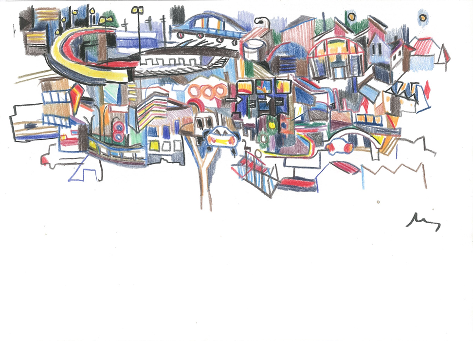 Les virages de l'autoroute, Crayons couleur sur papier, 15x21cm, 2001