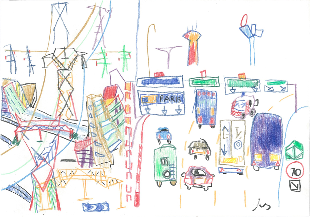 Paris 70, Crayons couleur sur papier, 15x21cm, 2001