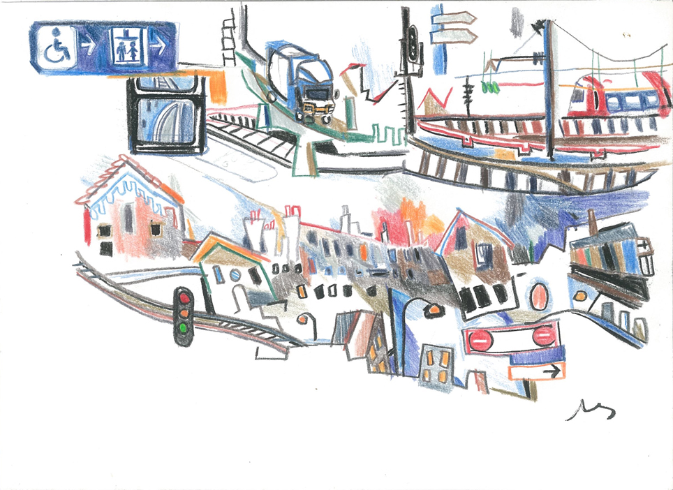 Ascenseur handicapé, Crayons couleur sur papier, 15x21cm, 2001