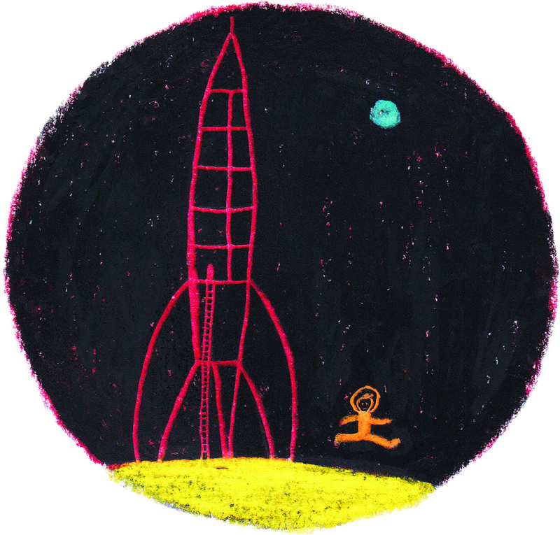 Héros, La fusée de Tintin, Craie grasse sur Canson, 21 × 15 cm, 2017