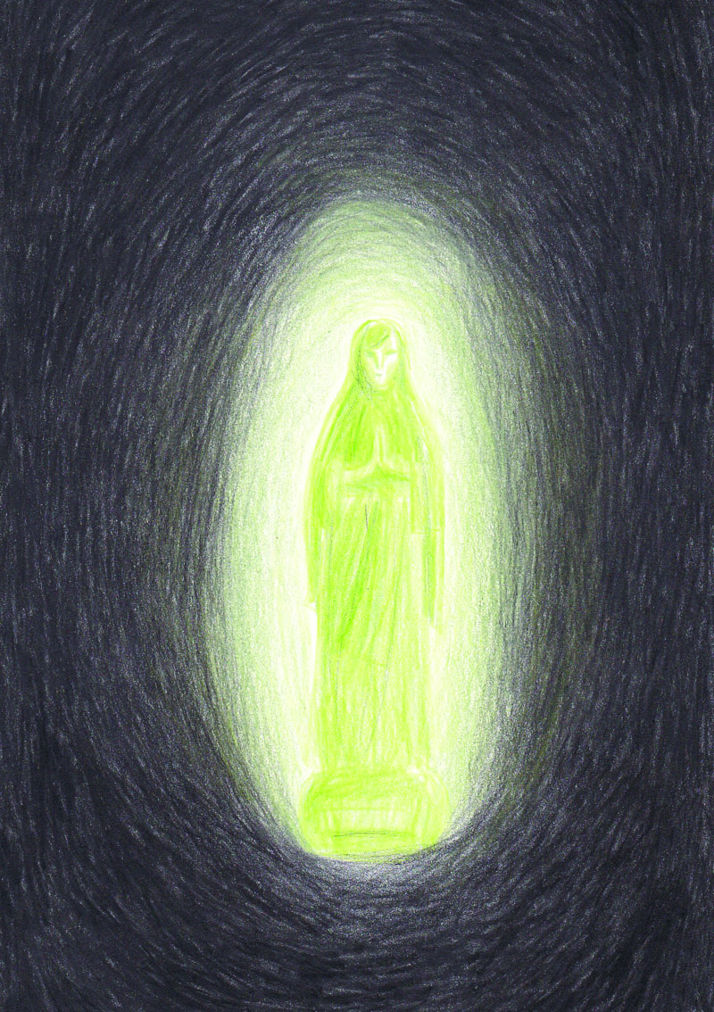 Objets, Vierge de Lourdes de Tante Mimi, Crayon de couleur sur Lana Caligraphie, 21 × 15 cm, 2017