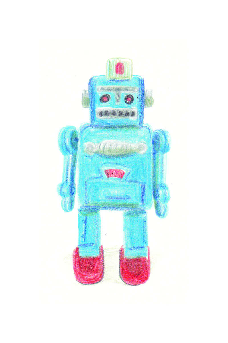 Objets, Robot de l'oncle Hermann, Crayon de couleur sur Lana Caligraphie, 21 × 15 cm, 2017