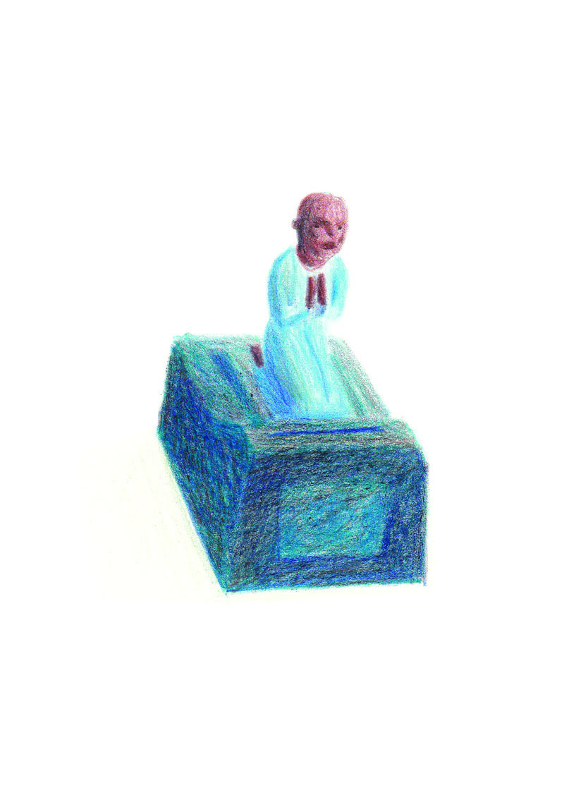Objets, Tirelire pour les missions, Crayon de couleur sur Lana Caligraphie, 21 × 15 cm, 2017