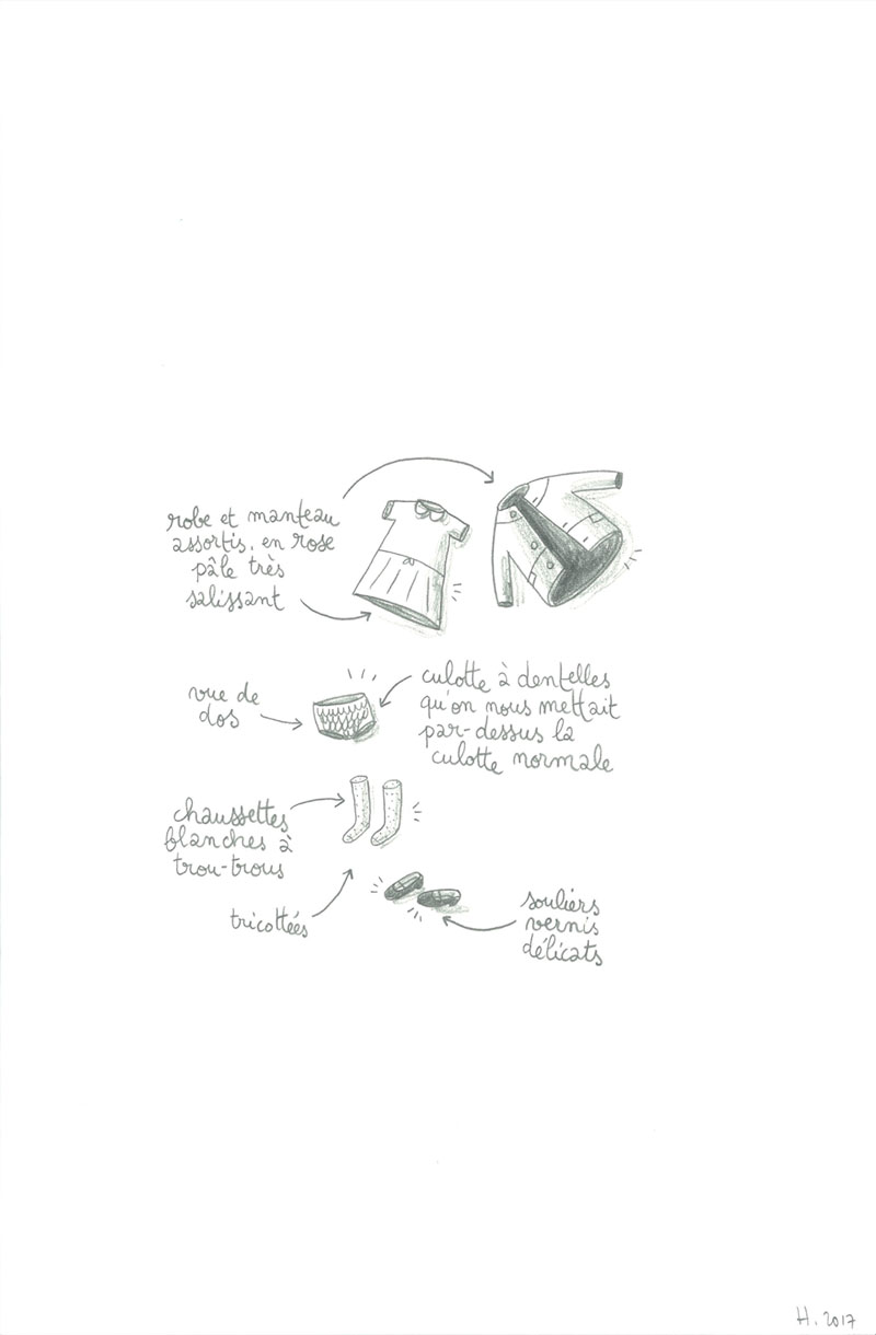 Adieu les enfants, Habits du dimanche, Mine de plomb sur Lana Caligraphie, 29,7 × 21 cm, 2017