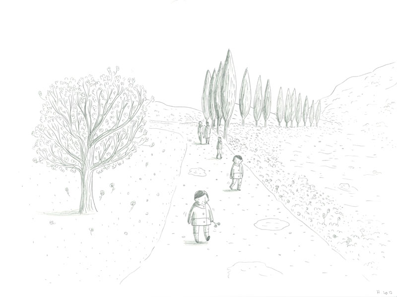 Dimanches, Promenade le long du Rhône, Mine de plomb sur Lana Caligraphie, 24 × 32 cm, 2017