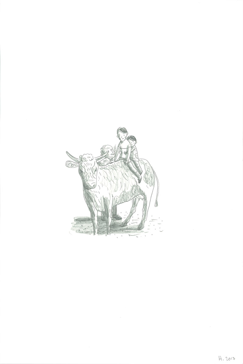 Modzons, Sur la vache, Mine de plomb sur Lana Caligraphie, 24 × 16 cm, 2017