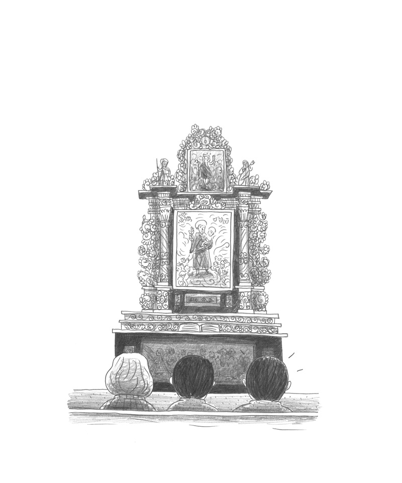 Procession, Autel avec angelots, Mine de plomb sur Lana Caligraphie, 24 × 16 cm, 2017