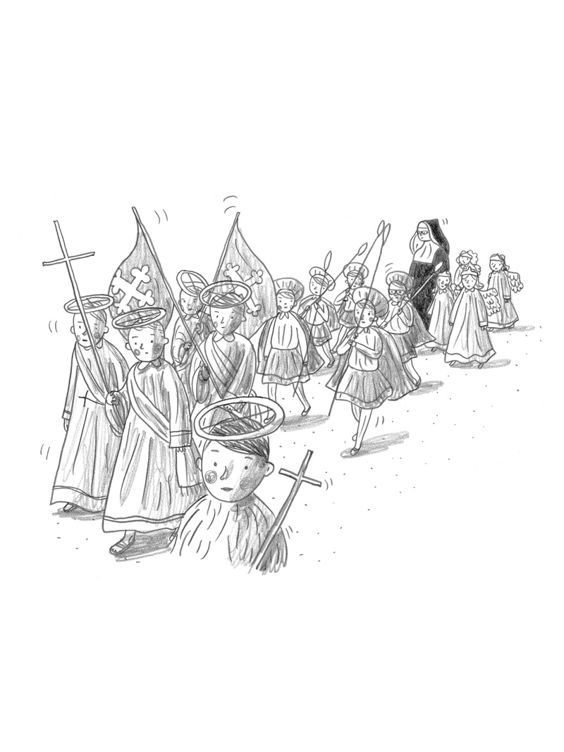 Procession, Fête Dieu, Mine de plomb sur Lana Caligraphie, 24 × 16 cm, 2017